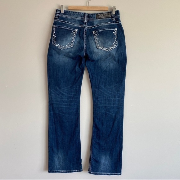ROCK & Roll Cowgirl Mid Rise Bootcut Jeans 30x34 Embellished Pockets - Picture 2 of 12